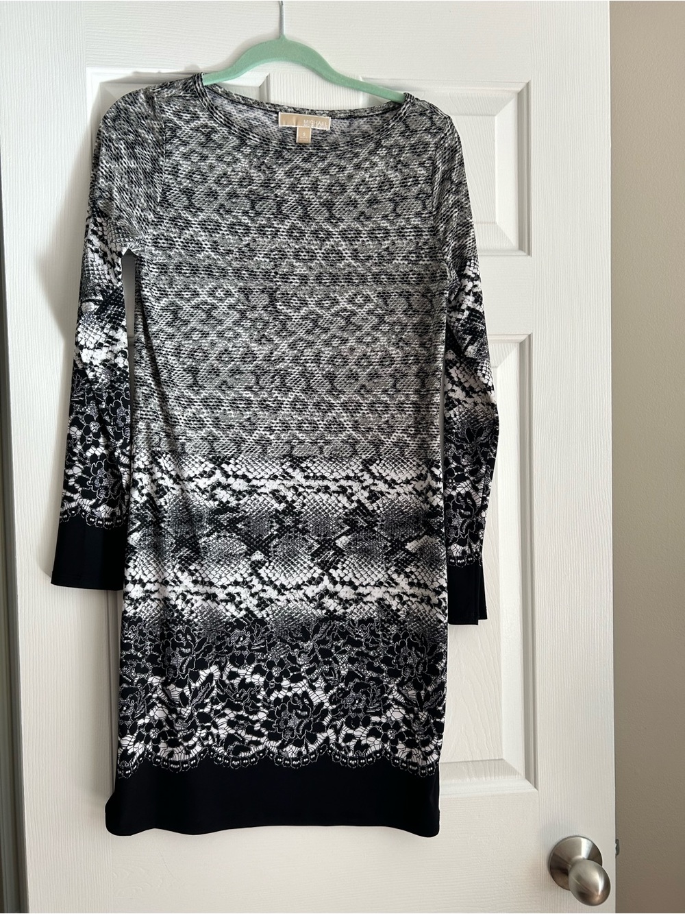 Michael Kors Black and White Long-Sleeve Patterned Dress